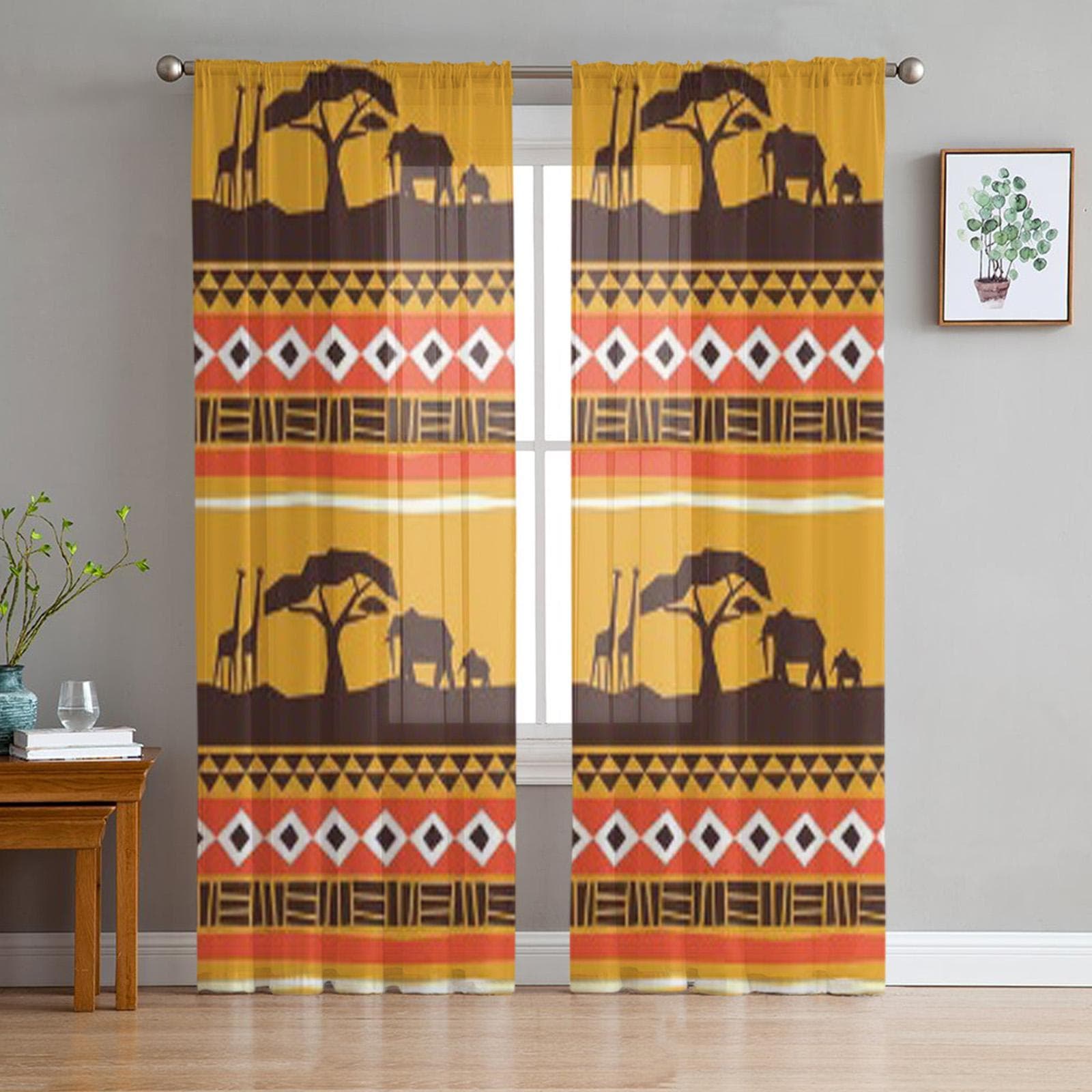 African Art Pattern Tulle Sheer Curtains for Living Room Decoration Curtain for the Room Bedroom Kitchen Voile Organza Curtains 135W x 114H(cm)