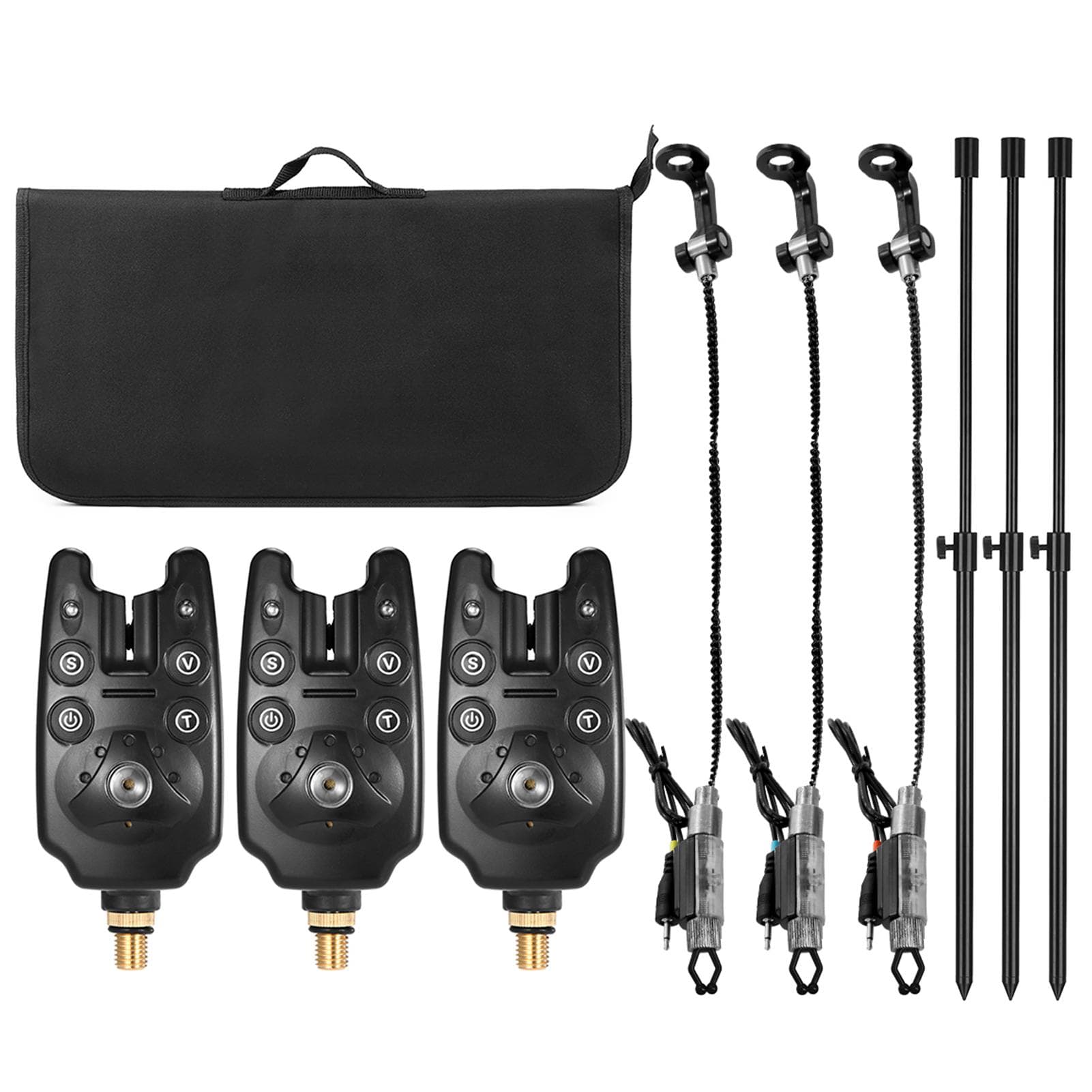 Fishing Bite Alarms Fishing Banksticks Swingers Set with Padded Fishing Tool Bag set 2 black