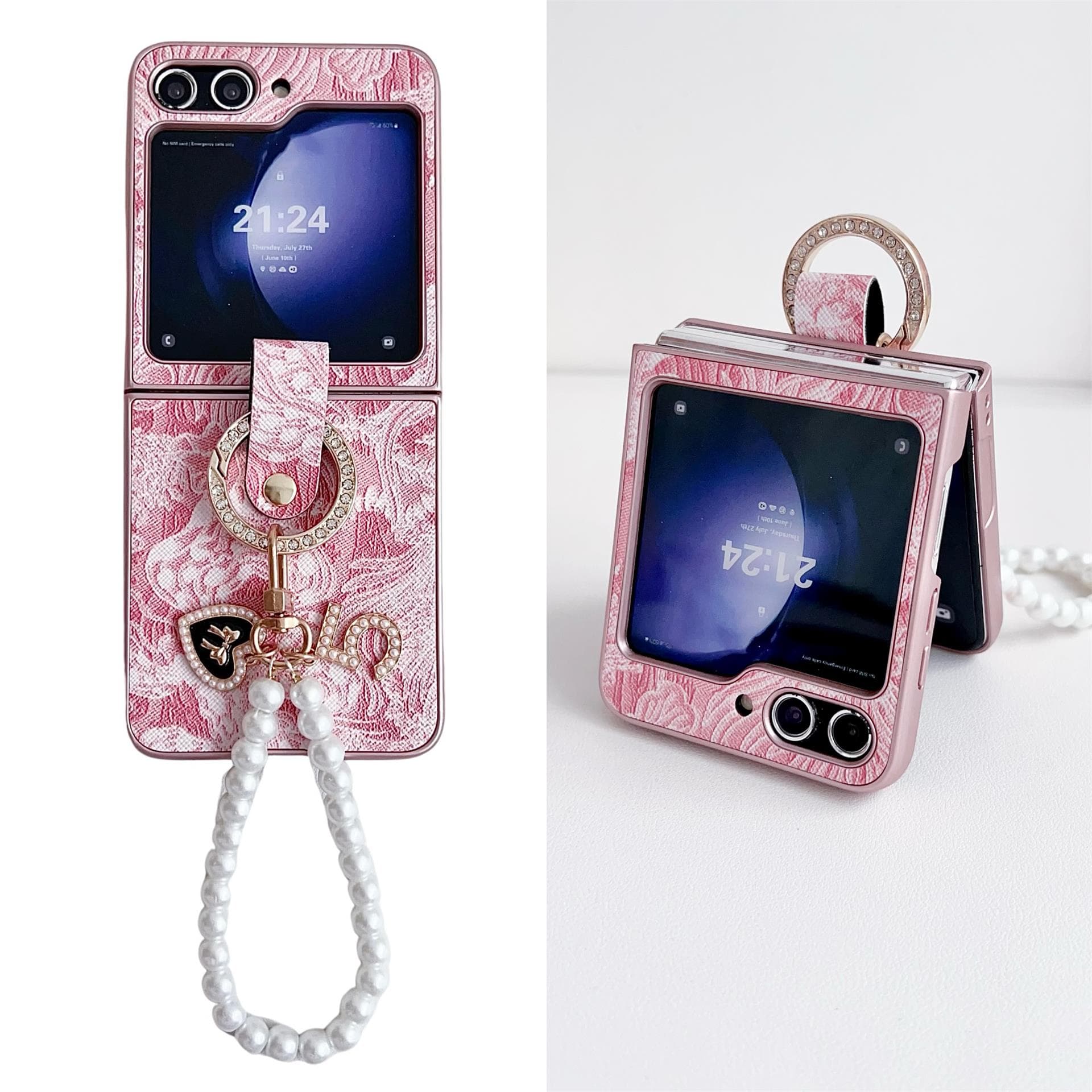 For Samsung Galaxy Z Flip 6 5 4 3 Case Colorful Chinese Style Patterned Leather Ring Bracket with Bracelet Shockproof Back Cover for Galaxy Z Flip 3&case with bracelet