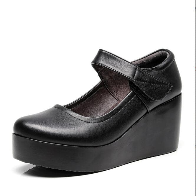 Genuine Leather Women Shoes Casual Wedge Shoes Round Head Shallow Mouth Comfort Women Shoes Lady Platform High Heel Shoes 33-43 35