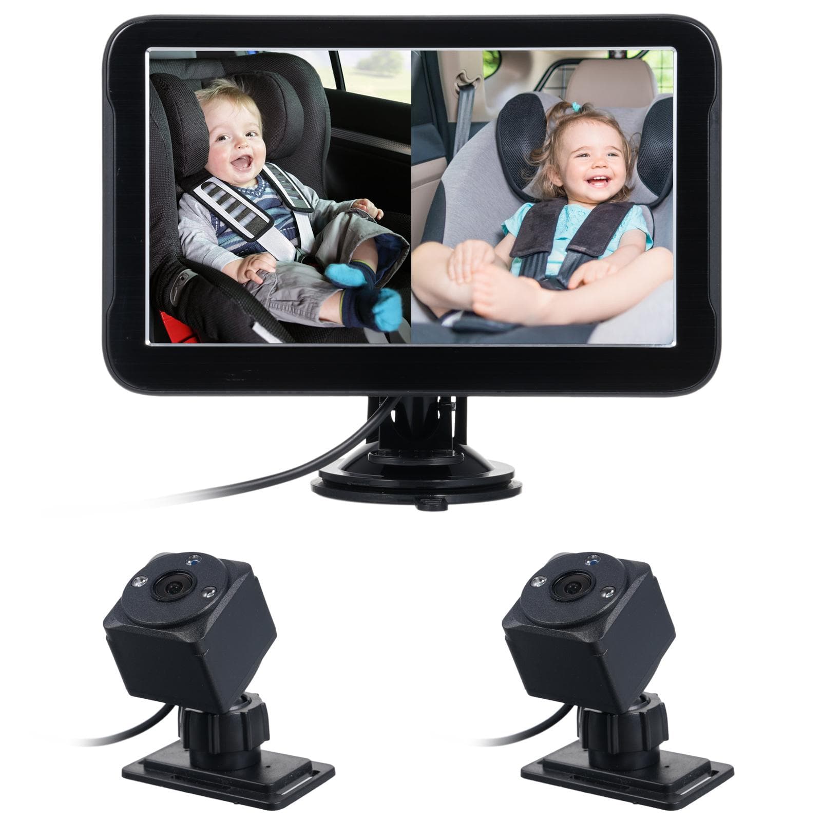 Baby Car Camera, 7 Back Seat Baby Car Mirror with 2 Cameras, Night Vision, Wide Crystal Clear black