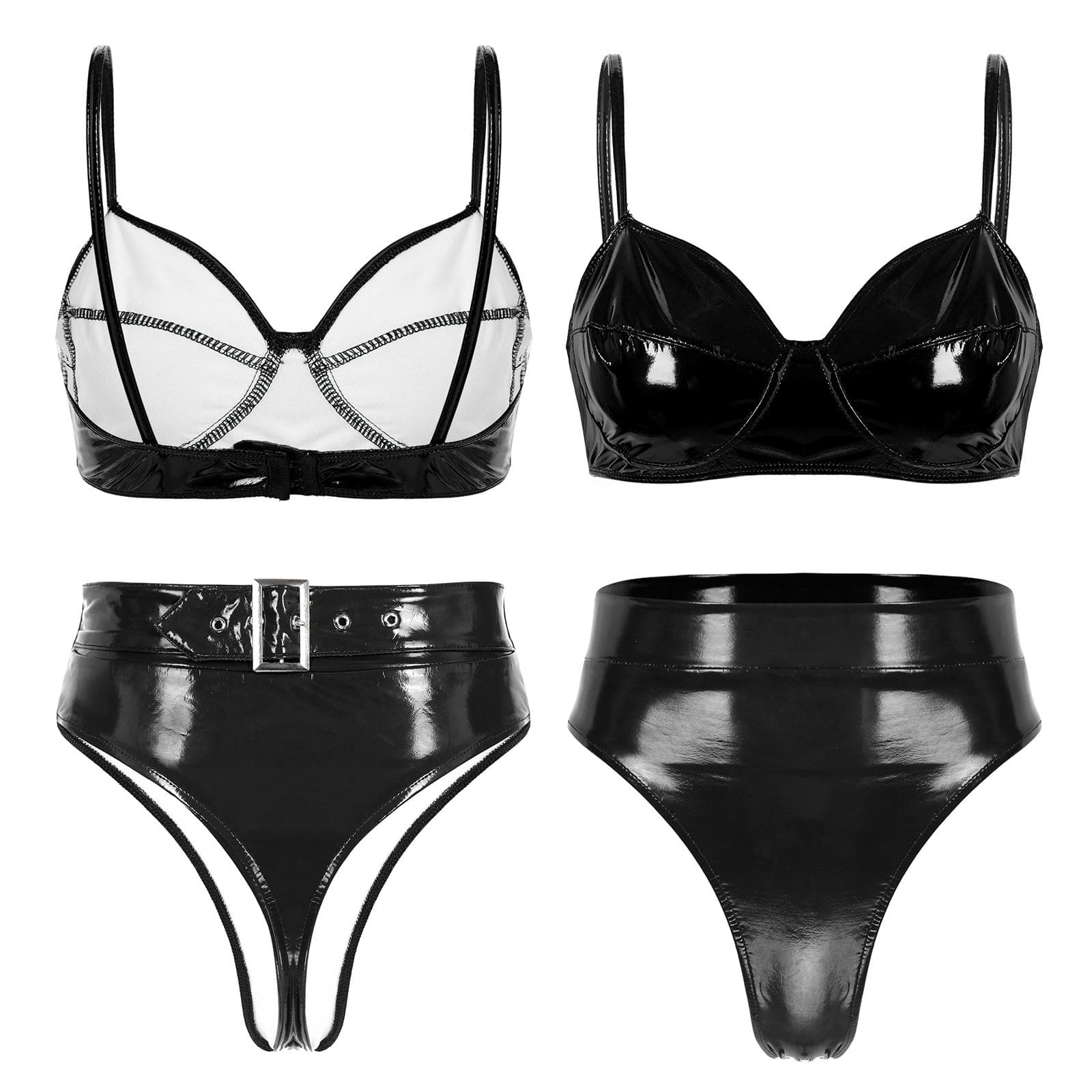 Women's Lingerie Set 2 Pieces Wet Look Patent Leather Wire-free No Padded Bra Top and Briefs Set Clubwear S black