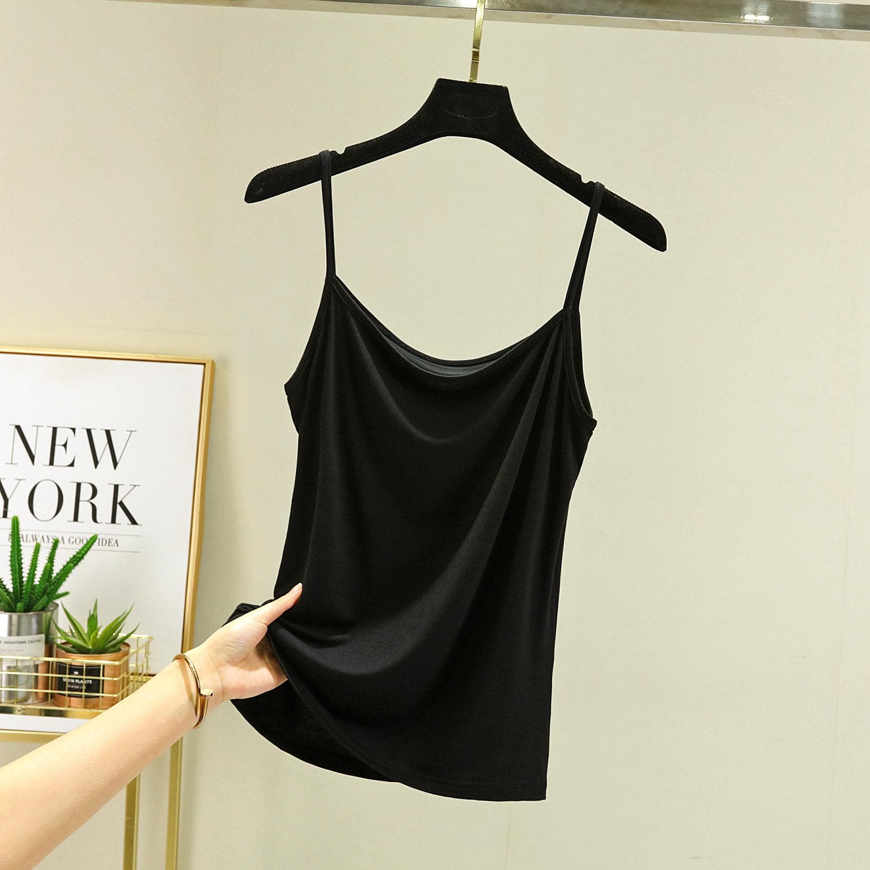Modal Spaghetti Strap Tops Basic Camis Sleeveless Tank Top Solid color Women summer Camisole all match L black