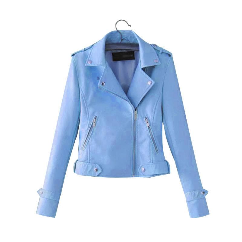 Faux Leather Jacket Women Zip Belt Coats Black PU S blue