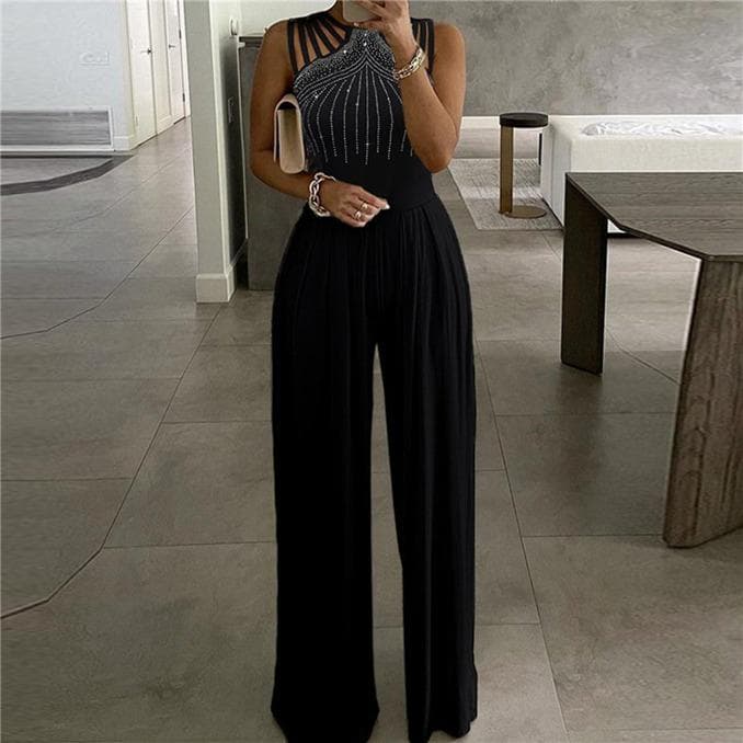 Sexy Slim Sleeveless Plus Size Loose Hollow Pleated Wide-leg Jumpsuit 5XL black