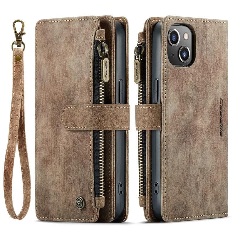 CaseMe Retro Matte PU Leather Double Layer Zipper Wallet Case Bag for iPhone Samsung Xiaomi Multi-function Flip Covers with 10 Card Holder Samsung A12 (5G) brown