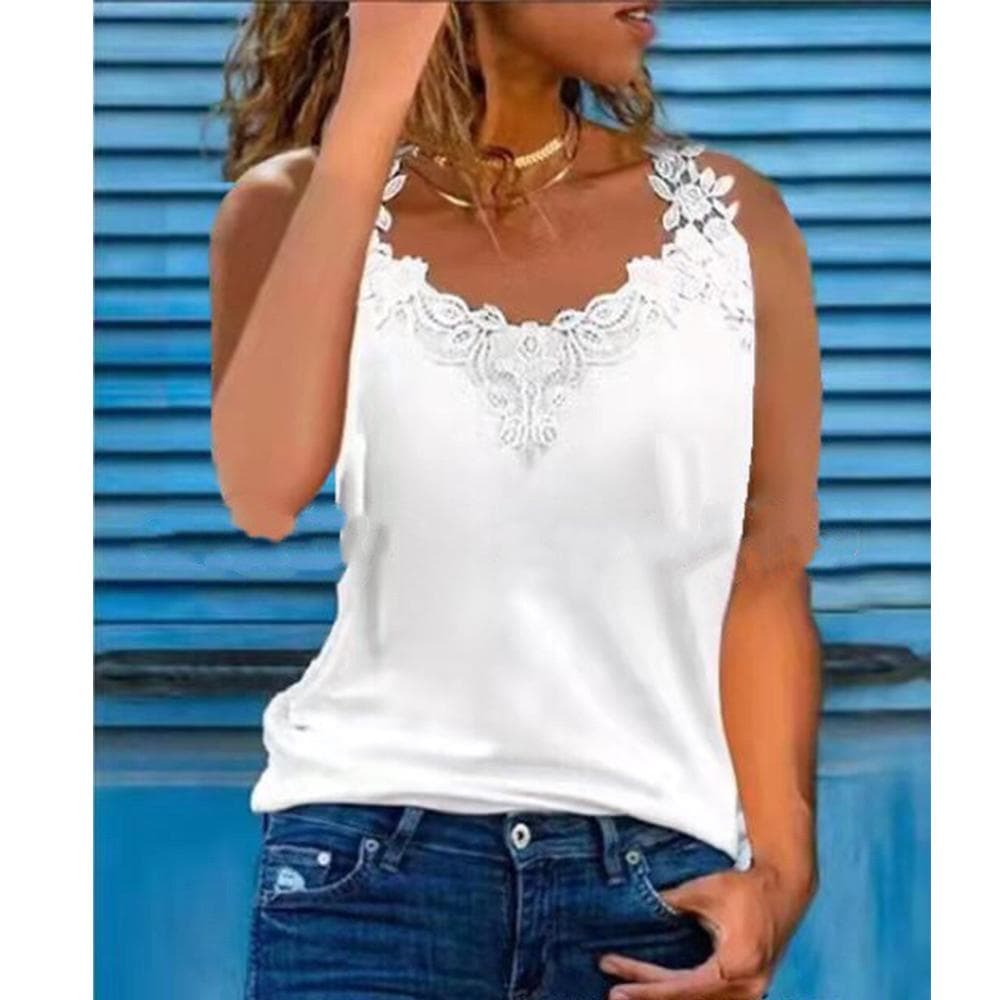Women's Fashion Vest Summer Plus Size Casual Shirts Lace Sewing Sleeveless Tops XXXL white