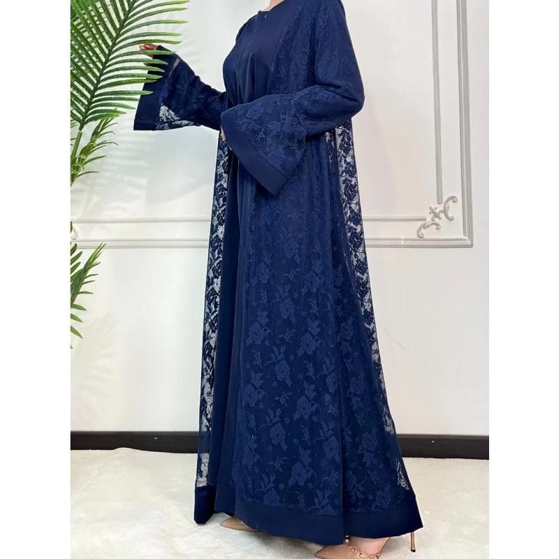 Ramadan Eid Prayer Lace Abaya 2 Piece Set Inner Dress Women Flare Sleeve Long Abayas Kaftan Djellaba Dubai Party Vestidos 2024 XL dark blue