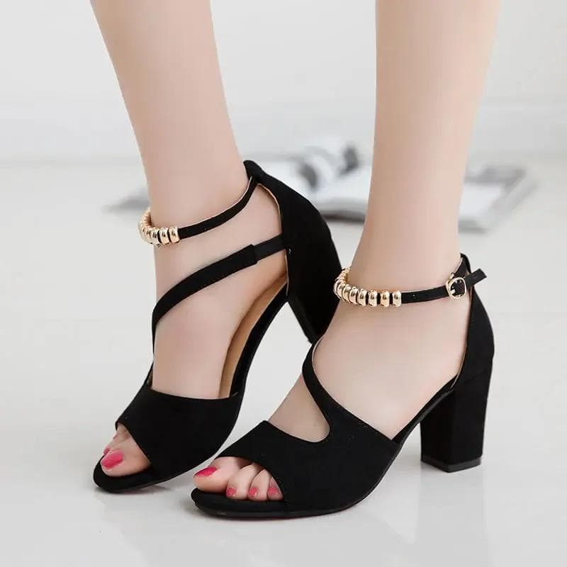 Spring Summer Sexy Fish Mouth Hollow Roman Sandals Thick With Word With Beaded High Heels Female Summer Sexy Female Sandals 34
