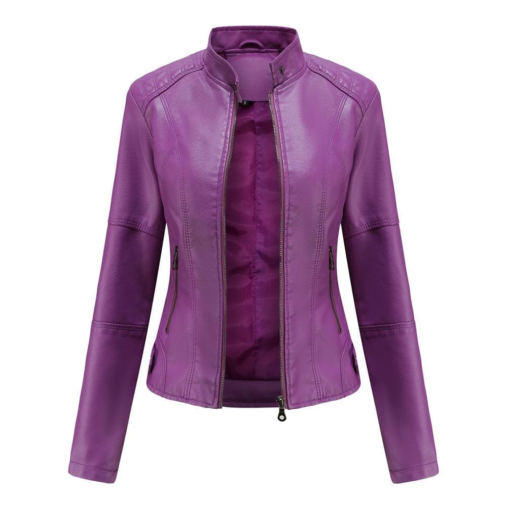 Women's Leather Jacket Women's Slim Jacket Thin Spring and Autumn Jacket Women's Motorcycle Jacket Large Size Stand Collar Leather Jacket L
