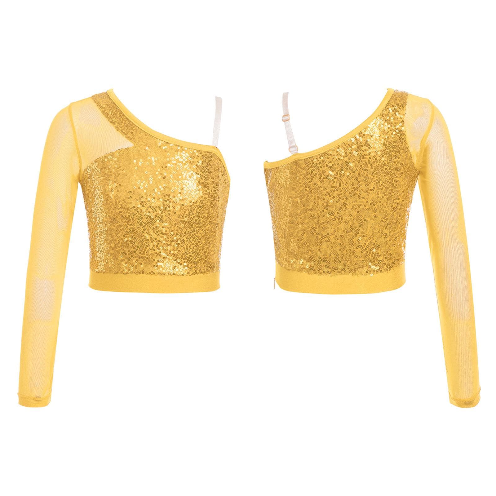 Shiny Sequin Crop Top for Girls Long Sleeve One Shoulder Jazz Hip Hop Ballet Dance Tops Dancewear 13-14 Years gold