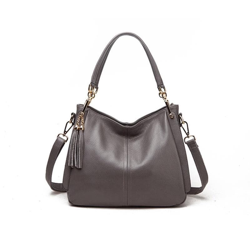Fashionable Top-grain Leather Single-shoulder Bag with Tassels, Simple and Versatile Leather Single-shoulder Women's Bag gray