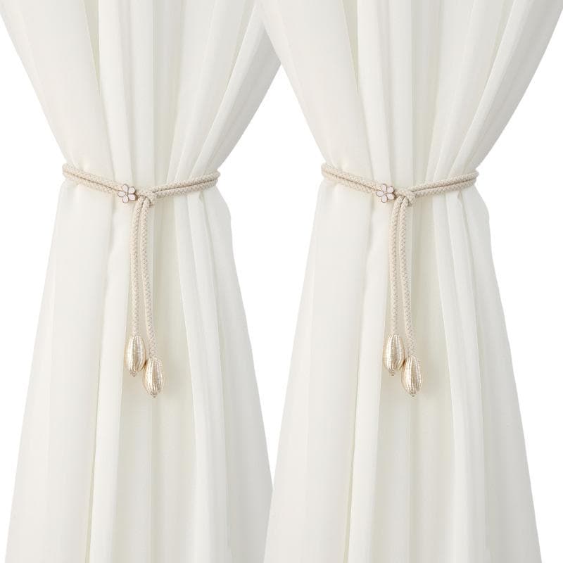 2Pcs Curtain Tiebacks with Floral accent Window Drapes Fasteners, Adjustable Drawstring Closure for Curtains, Sheers, Window Home Decor beige