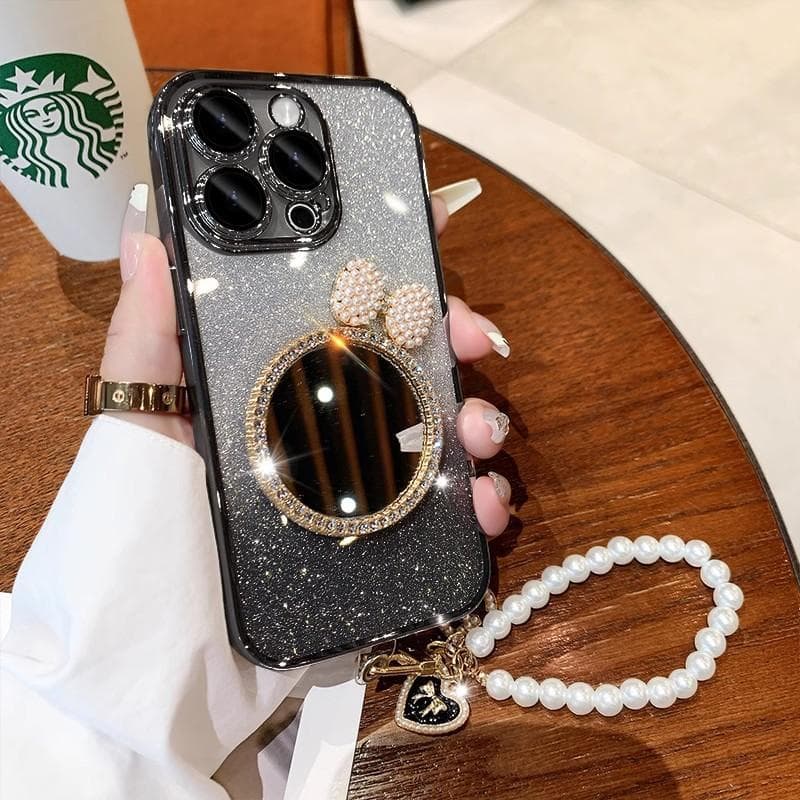 Applicable To Apple 16pro Flash Powder Mobile Phone Case Makeup Mirror IPhone 15 Pearl Bracelet I14 Protective Cover iPhone7plus/8plus