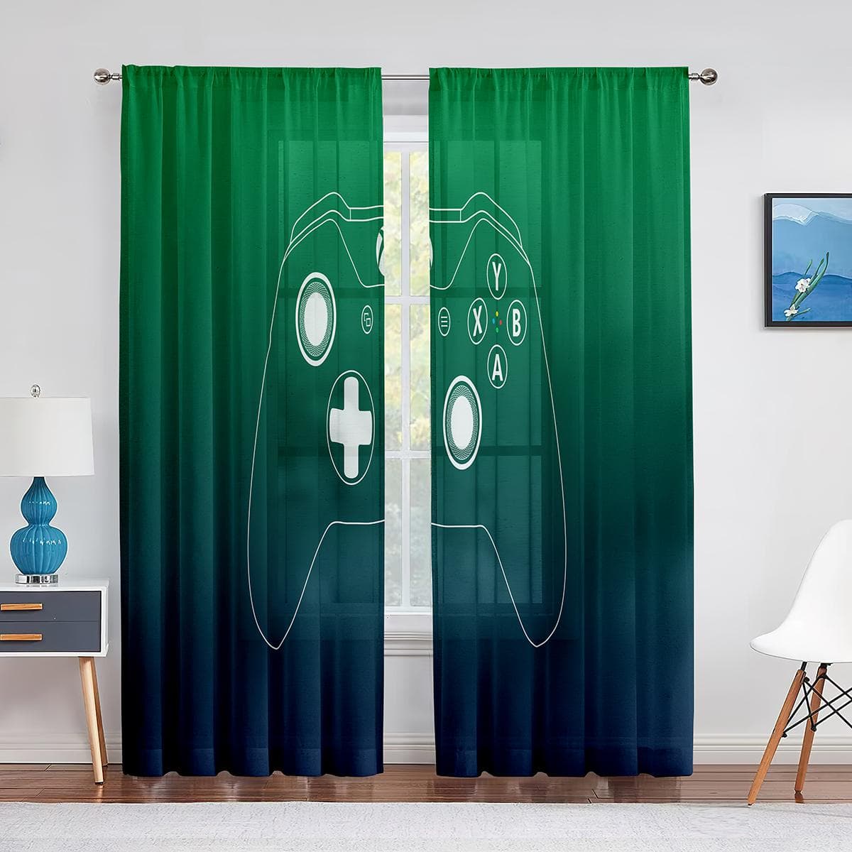 Boys Gamer Tulle Curtains for Living Room Decor Gaming Controller Video Game for Kids Sheer Voile Curtain Window Drapes Blinds 1 PCS W250XH250cm&Grommet Top