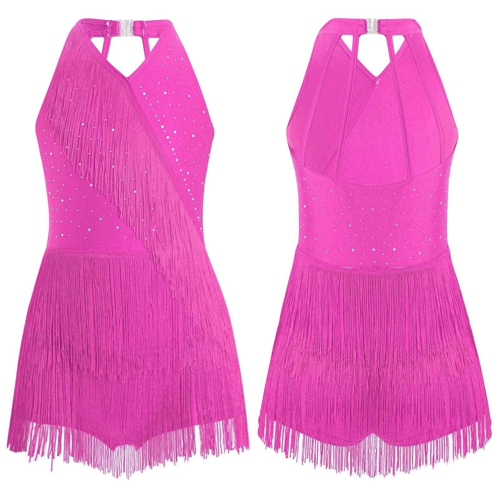 Kids Girls Latin Leotard Dress Dance Costume Rhinestones Fringe Bodysuit Skirted Dress Halter V-neck Sleeveless Tassel Jumpsuit 11-12 Years hot pink