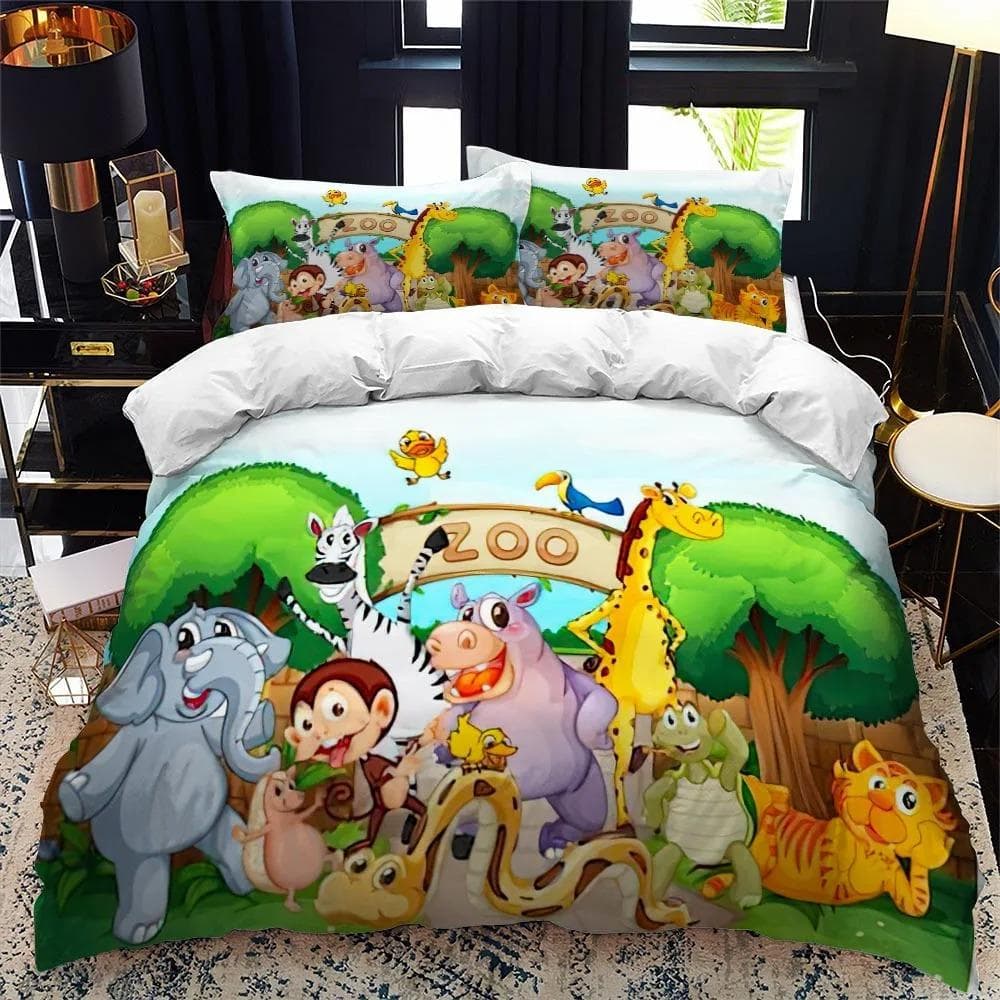 Cartoon Zoo Animal Bedding Set Boys Girls Twin Queen Size Duvet Cover Pillowcase Bed Kids Adult Fashion Home Textileextile AU King 240x210cm