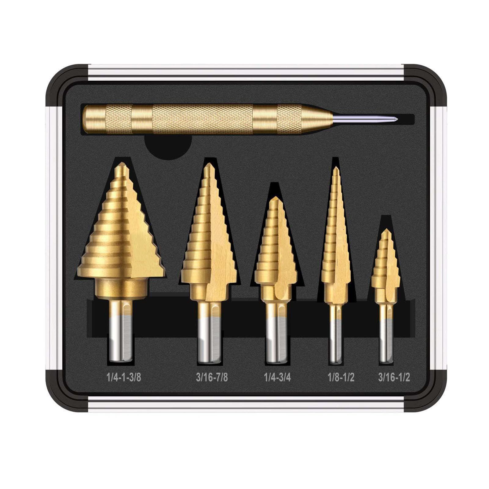 HSS 5PCS Titanium Step Drill Bit Set with Automatic Center Punch High Speed Steel Drill Bits Set gold