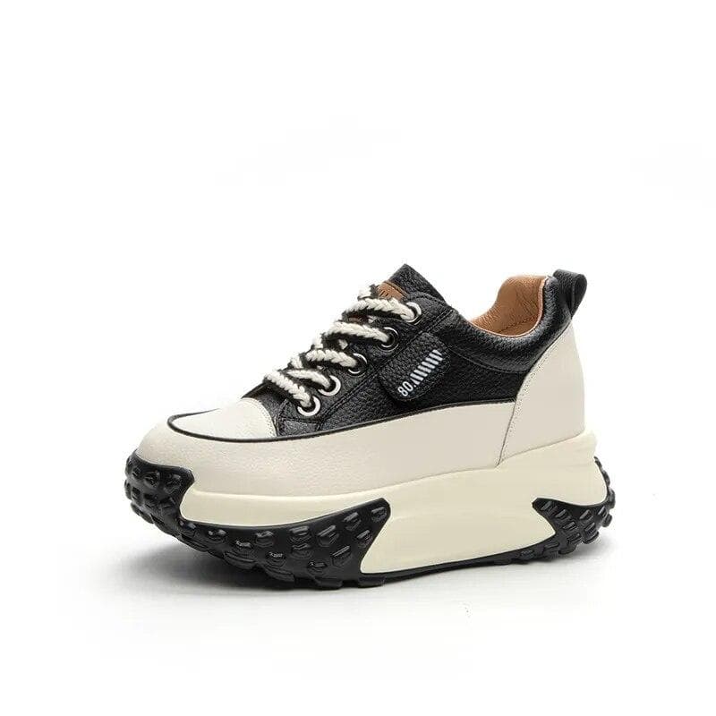 Fujin 7cm Genuine Leather Platform Wedge Fashion Women Spring Well-fitting Autumn Chunky Sneakers Shoes Breathable Mixed Color 36 black