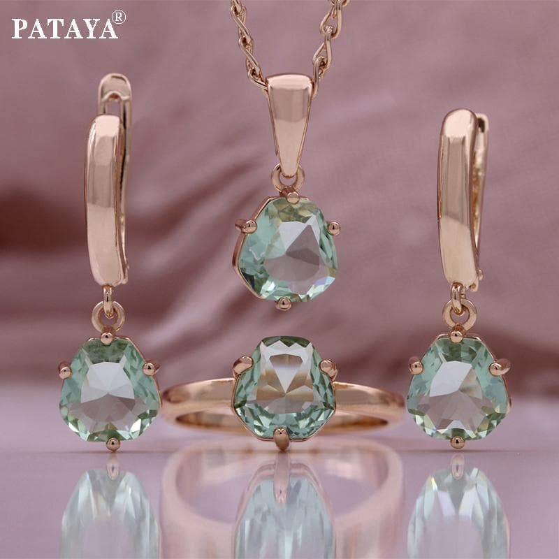 PATAYA Rose Gold Color Green Artificial Zircon Earring Ring Chain Pendant Combination Set 8#