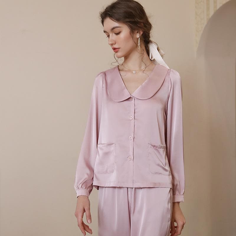 Ice Silk Pajamas Women's Long Sleeved Spring and Summer Thin Two-piece Set,loose and Luxurious French Retro Home Clothing Summer XL