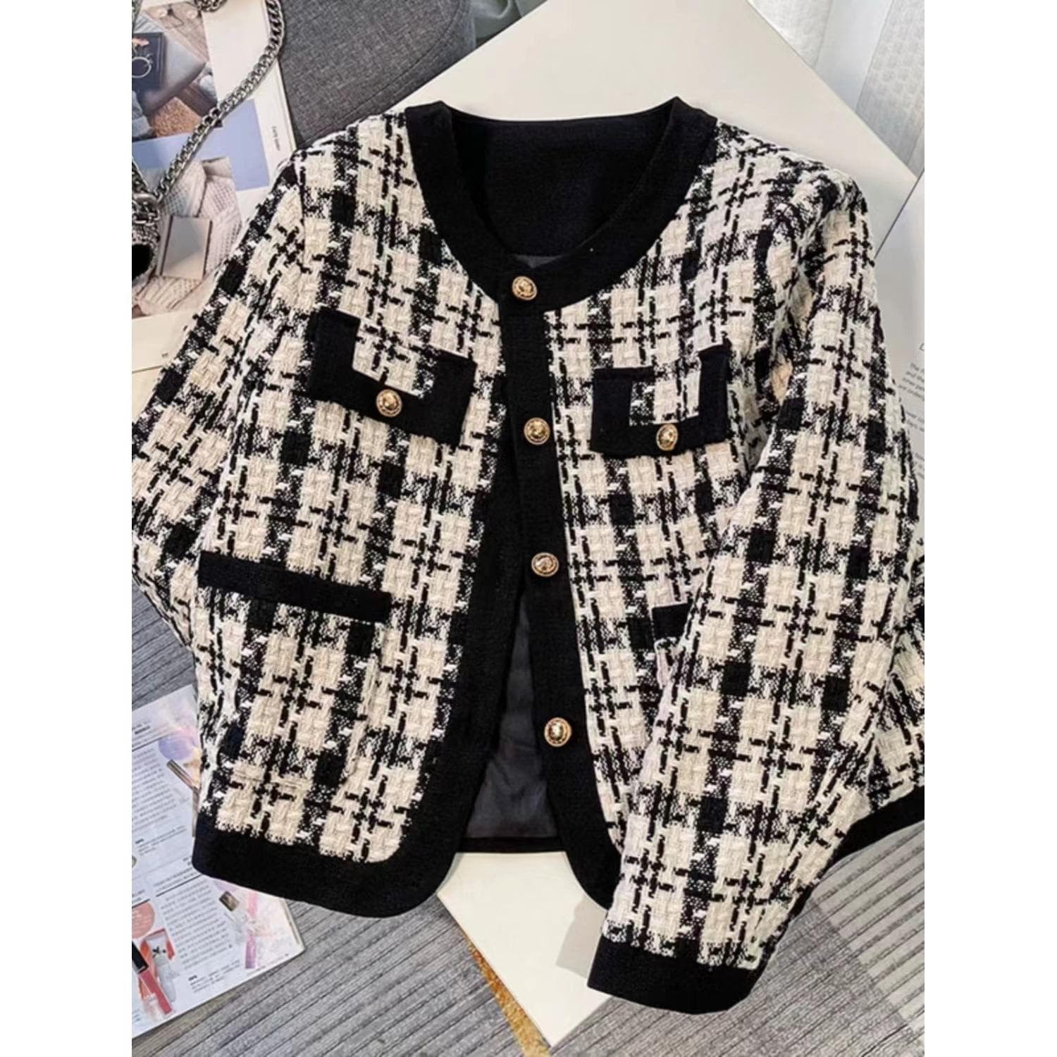 Tweedy Little Scented Jacket for Women Black and White Plaid New Korean Loose Small Temperament Short Top XXL
