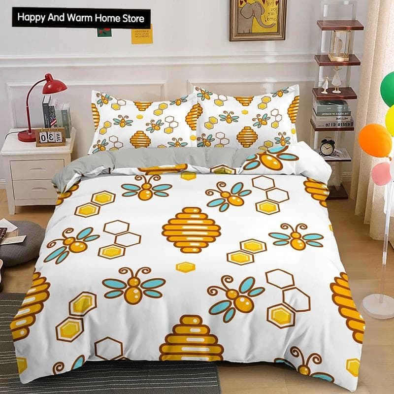 Cartoon Bee Duvet Cover King Queen Lovely Yellow Flying Animal Bedding Set for Boys Girls Beautiful Flowers Comforter Cover EU single(135x200cm)