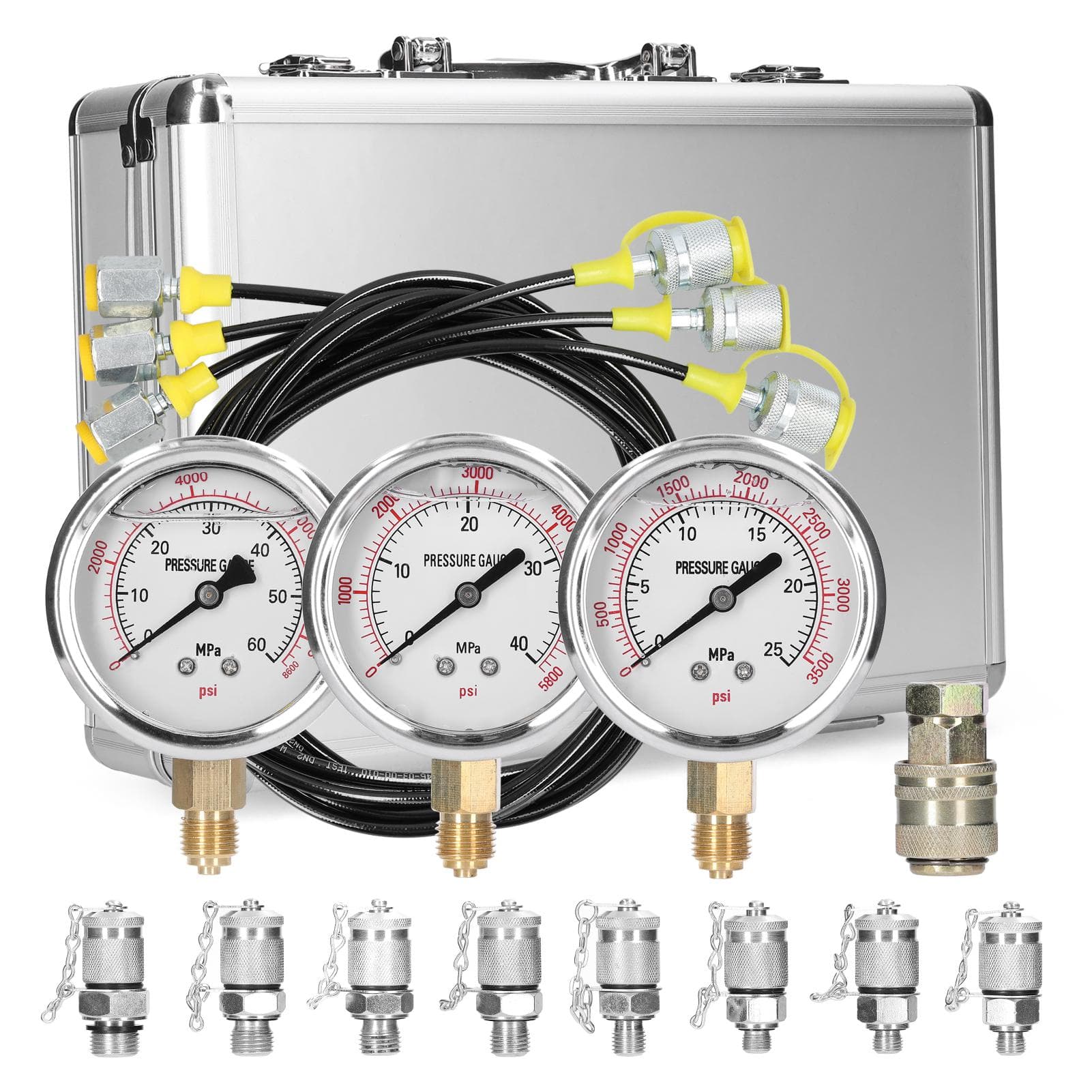 Hydraulic Pressure Gauge Kit Excavator Hydraulic Pressure Meauring Device with 9 Couplings 3 silver
