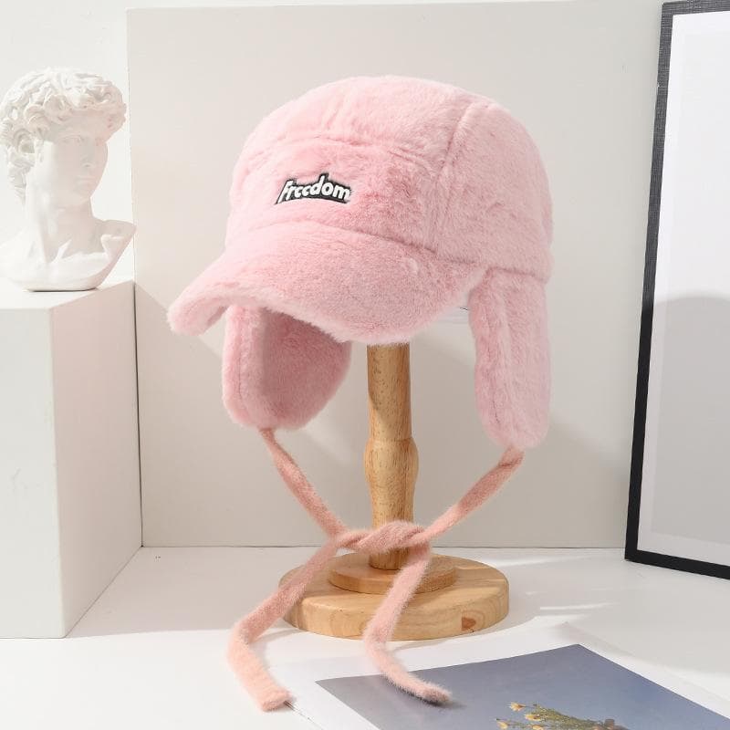 Cozy Plush Letter Baseball Cap for Women - Adjustable, Warm & Stylish Winter Hat with Ear Protection one size pink