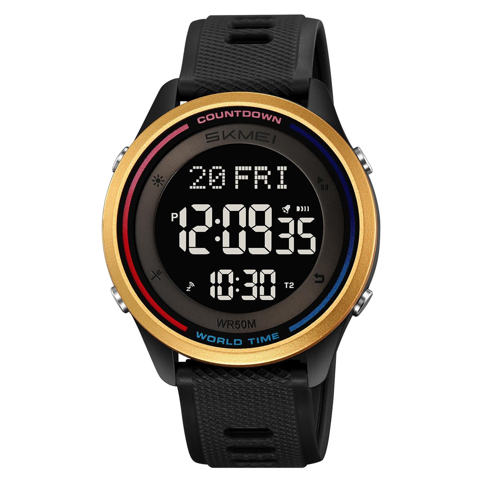 SKMEI 2348 Digital Watch for Men Women with Backlight 50M Water Resistant World Time Daily Alarm gold/black