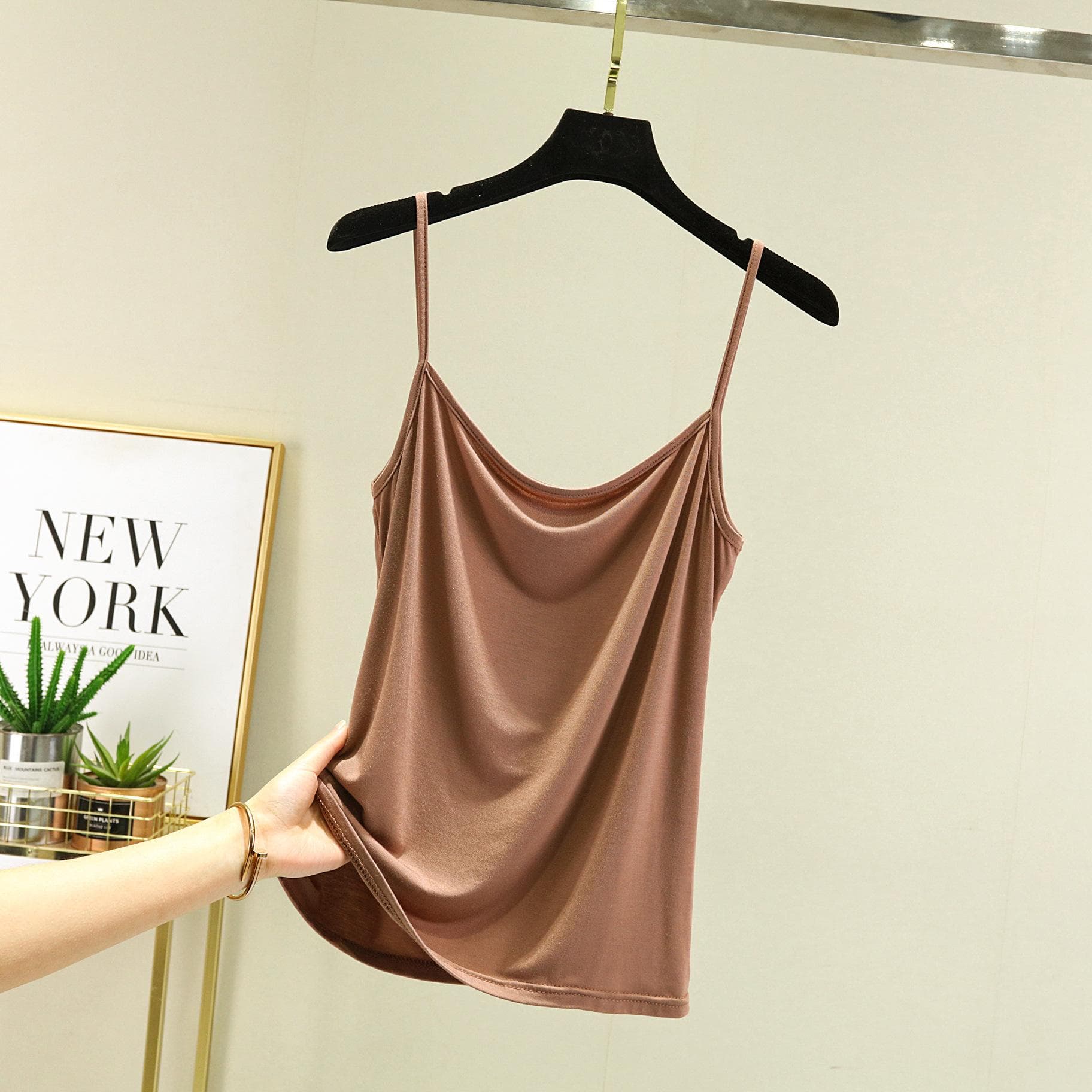 Modal Spaghetti Strap Tops Basic Camis Sleeveless Tank Top Solid color Women summer Camisole all match XL khaki