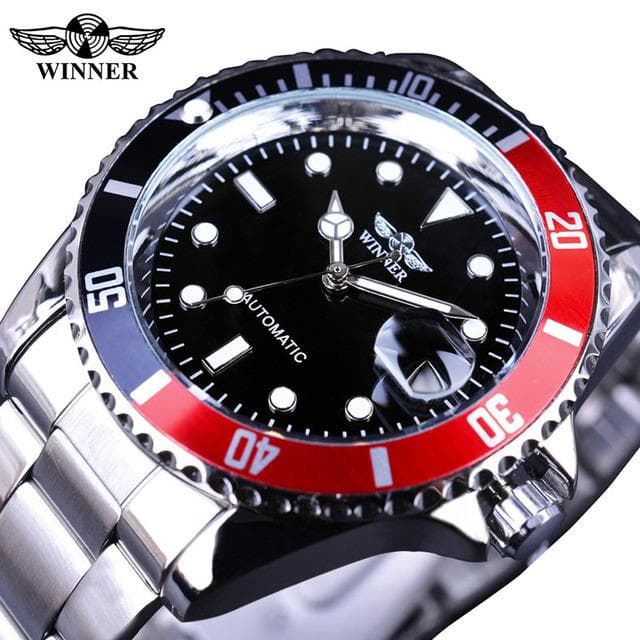 WINNER Top Men's Watch Automatic Mechanical Ribbon Calendar Water Ghost Series Watch Silver Stainless Steel Waterproof Luminous navy blue