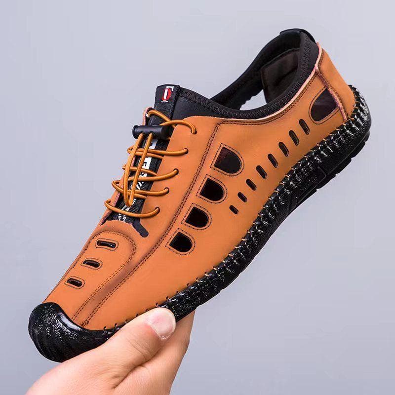 Summer New Hollow Breathable Leather Shoes Low Top Casual All-match Soft-soled Driving Shoes 44