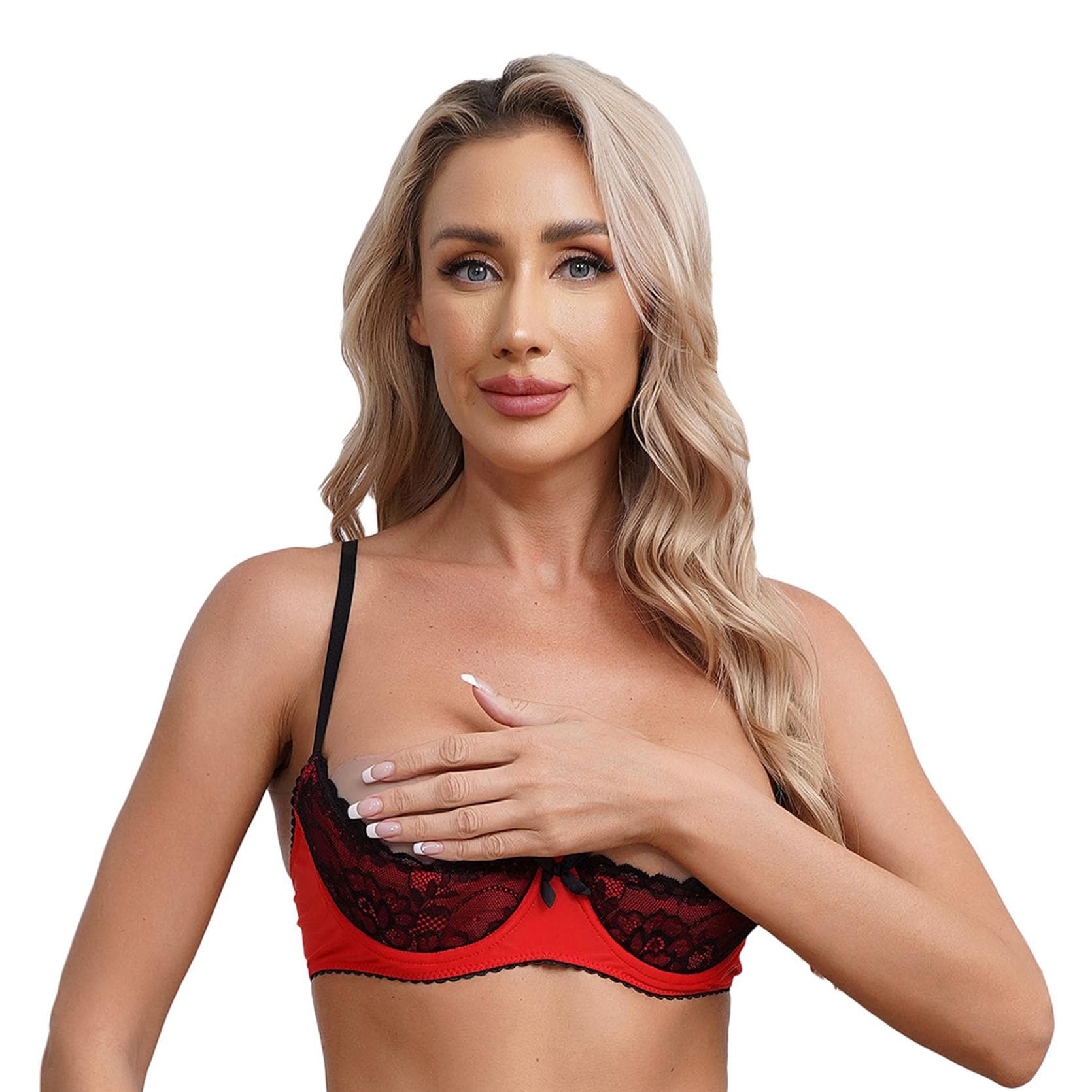 Womens Sexy Lingerie Adjustable Straps Underwire Bralette Lace Push Up Balconette Bra Underwear 3XL red