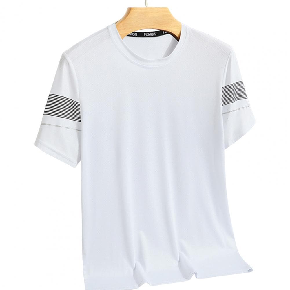 Summer Men Top Ice Silk Quick-drying Short Sleeves O Neck Loose Solid Color Thin Breathable Elastic Casual Pullover Daily Sport M white