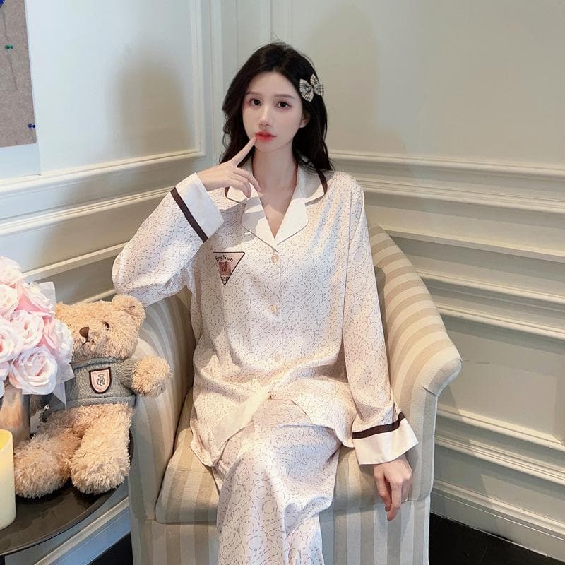 New Temperament Long-sleeved Ice Silk Pajamas Women's Thin Cardigan Satin Sweet Ice Silk Suit Pajamas Set XL