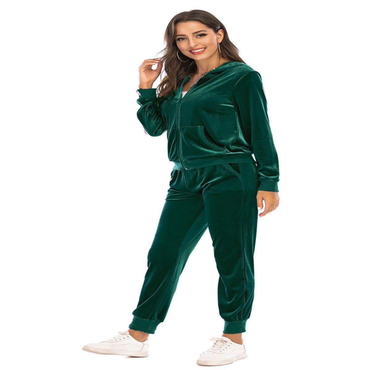 Women's Velvet Velour Super Soft Stretch Lounge Jacket Top and Bottom Set with Relaxed Zip Up Hoody and Jogger Sports Tracksuit S green