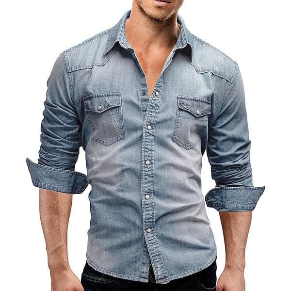Men's Distressed Denim Shirt Casual Washed Slim Fit Cowboy Shirt L light blue