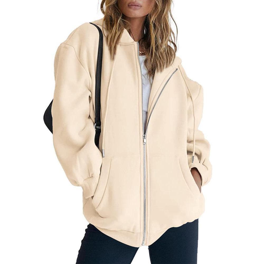 Women's Casual Full Zip Up Sherpa Lined Hoodie Sweatshirt Jacket Plus Size Plush Coat 2XL beige