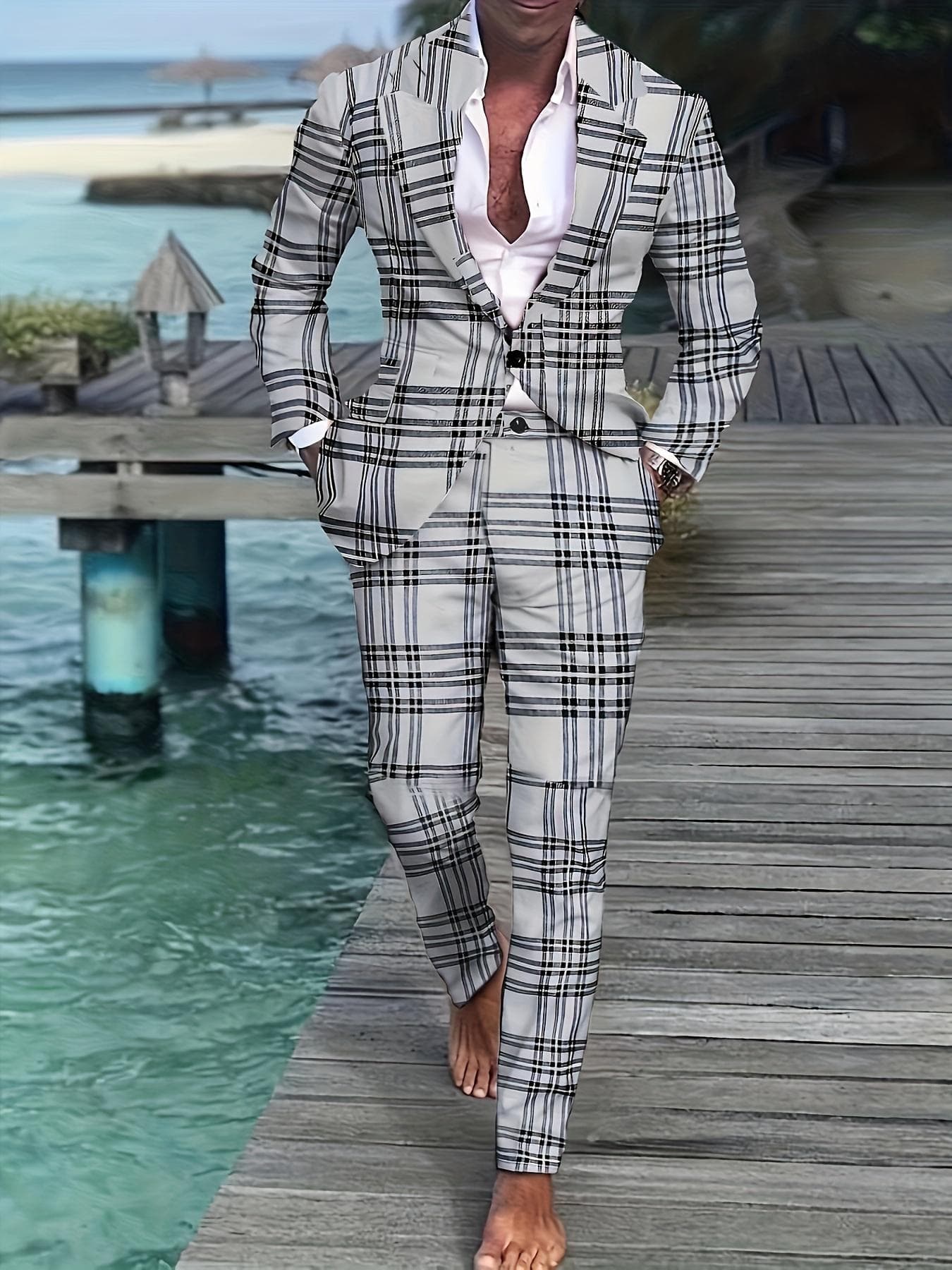 2pcs Men's Plus Size Plaid Suit - One Button Blazer Jacket with Notch Lapels & Suit Pants Set-For Business & Daily Wear Suitable for Formal Occasions XXL grey