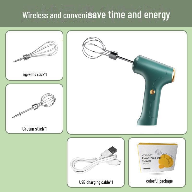 Wireless Electric Mini Egg Beater: Automatic Handheld Cream Whipper and Cake Mixer double head green