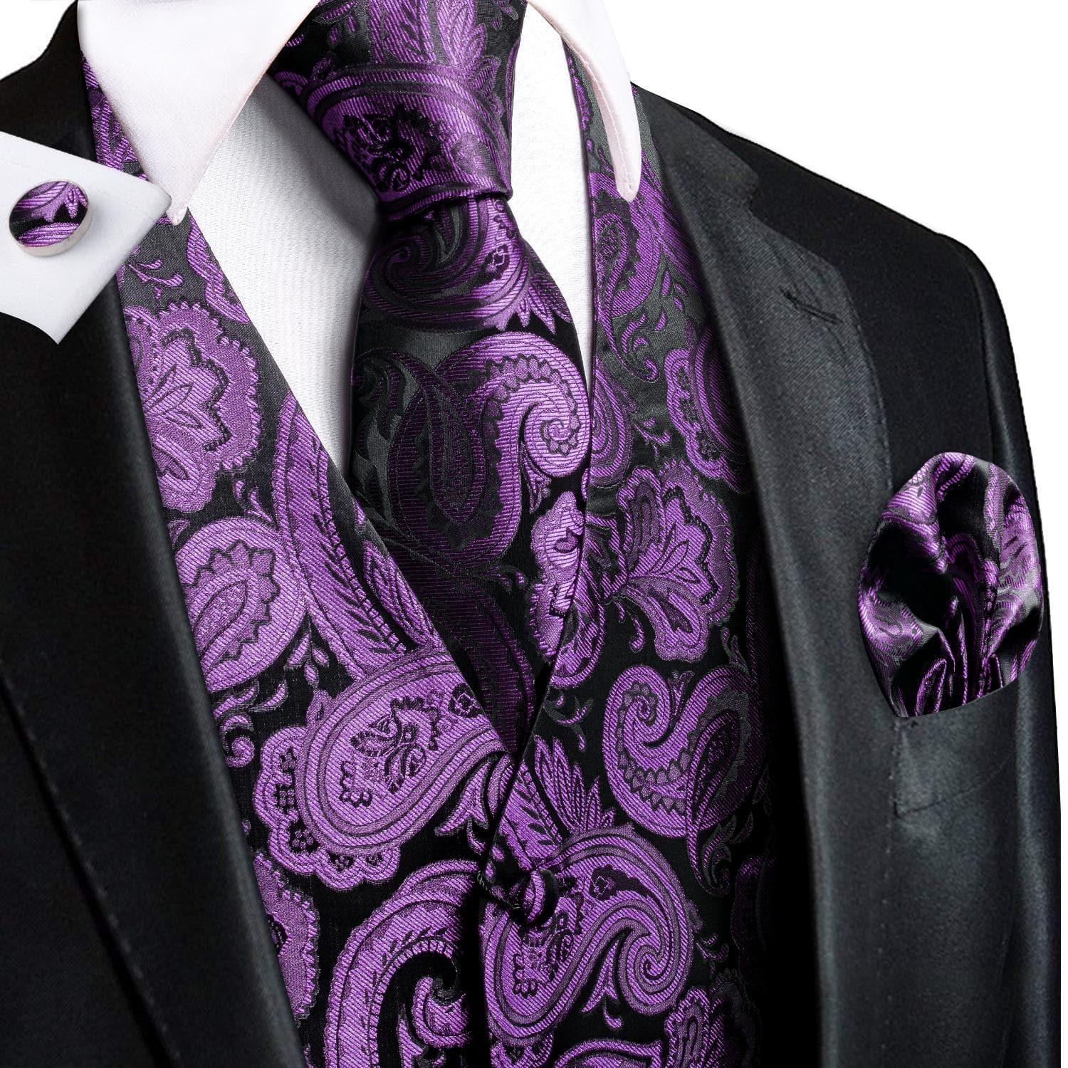 Hi-Tie Mens Waistcoat Silk Paisley Floral Tie Handkerchief Cufflinks SET Formal S
