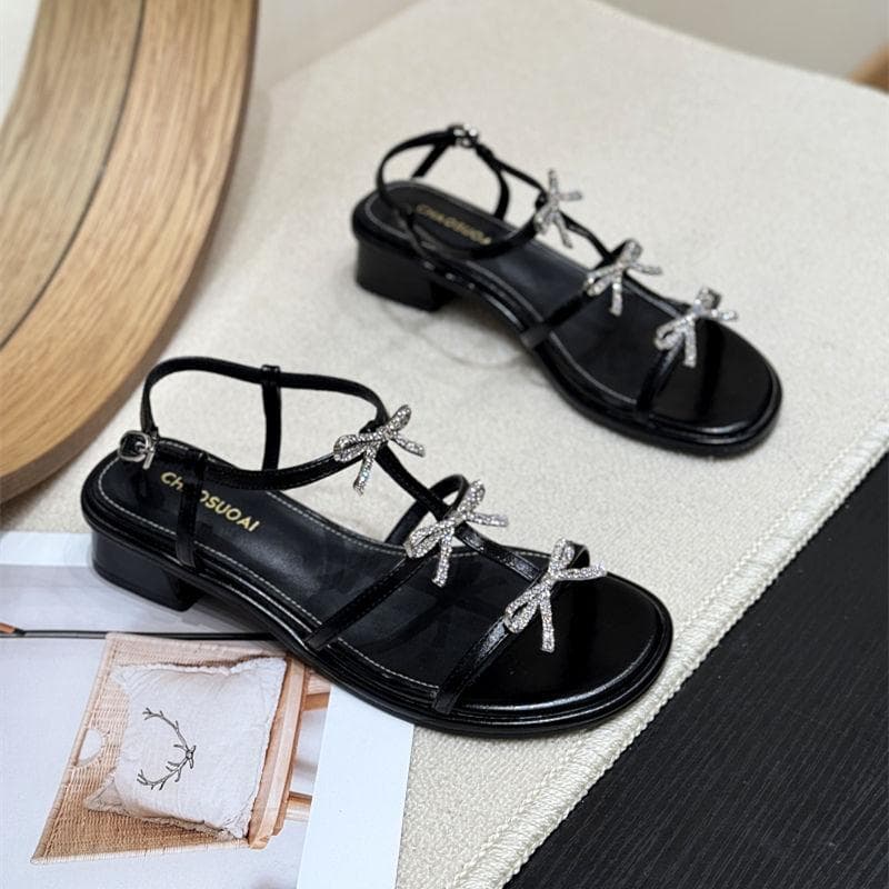 Butterfly bow crystal French thick-soled thick-soled open-toe sandals for women, new style, elegant women's shoes 39 black