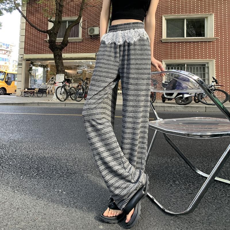 Black Striped Lace Draped Wide-leg Pants for Women In Spring New Knitted Glutinous Rice Soft and Glutinous Floor Pants 2XL