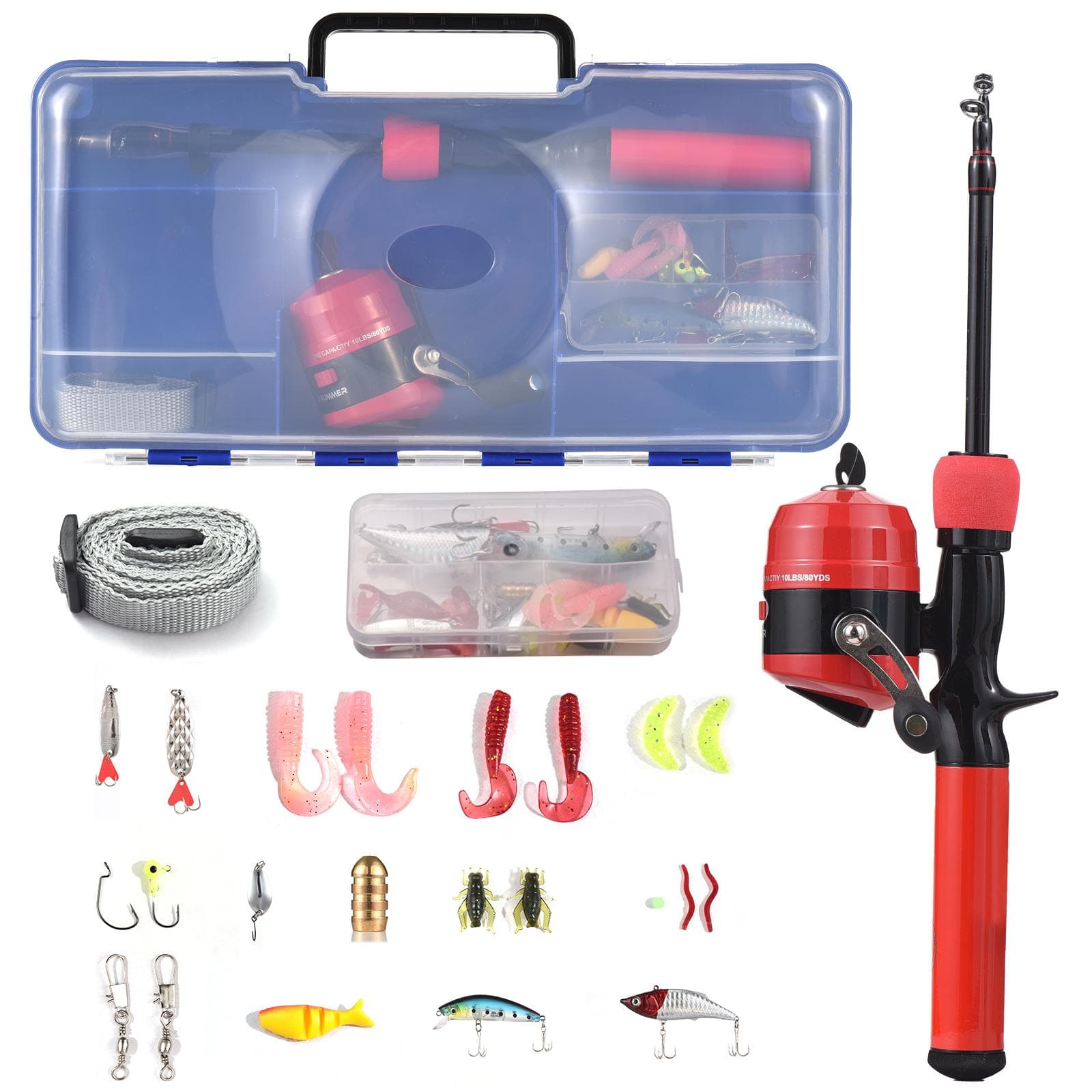 Kids Fishing Pole and Reel Set Fishing Rod and Reel Combo with Hooks Lures Fishing Accessories with 1.2M red