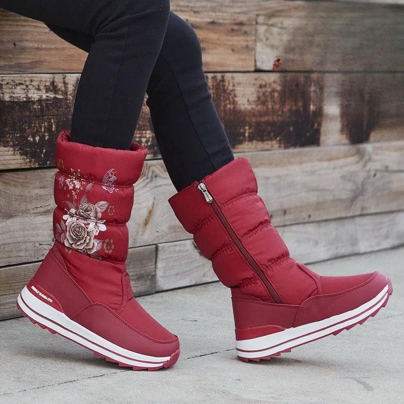 Outdoor Snow Boots for Women, Winter Warm Cotton Shoes with Added Fleece, Midsole Anti Slip, Waterproof and Thickened Long Boots with Added Fleece 42 red