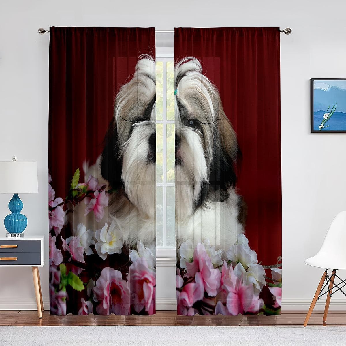 Cute Dog Shih Tzu Puppy Pet Sheer Voiles Curtains for Living Room Bedroom Kitchen Tulle Window Curtain Home Balcony Decor Drapes 1 PCS W100XH250cm&Grommet Top