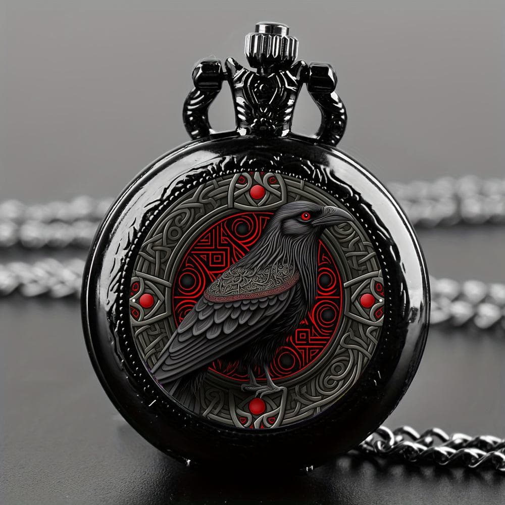 Vintage Style Crow Pocket Watch Quartz Movement Round Dial Black Necklace Souvenir Gift