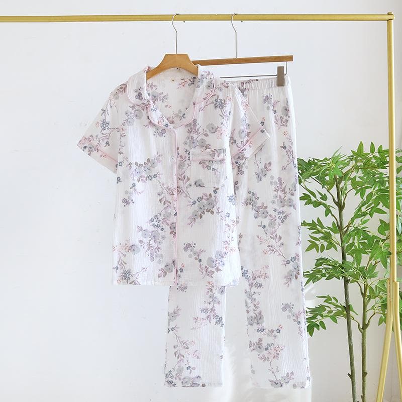 Summer New Women's Pajamas Set 100% Cotton Crepe Short-sleeved Trousers Two-piece Set Love Thin Simple Large Size XL