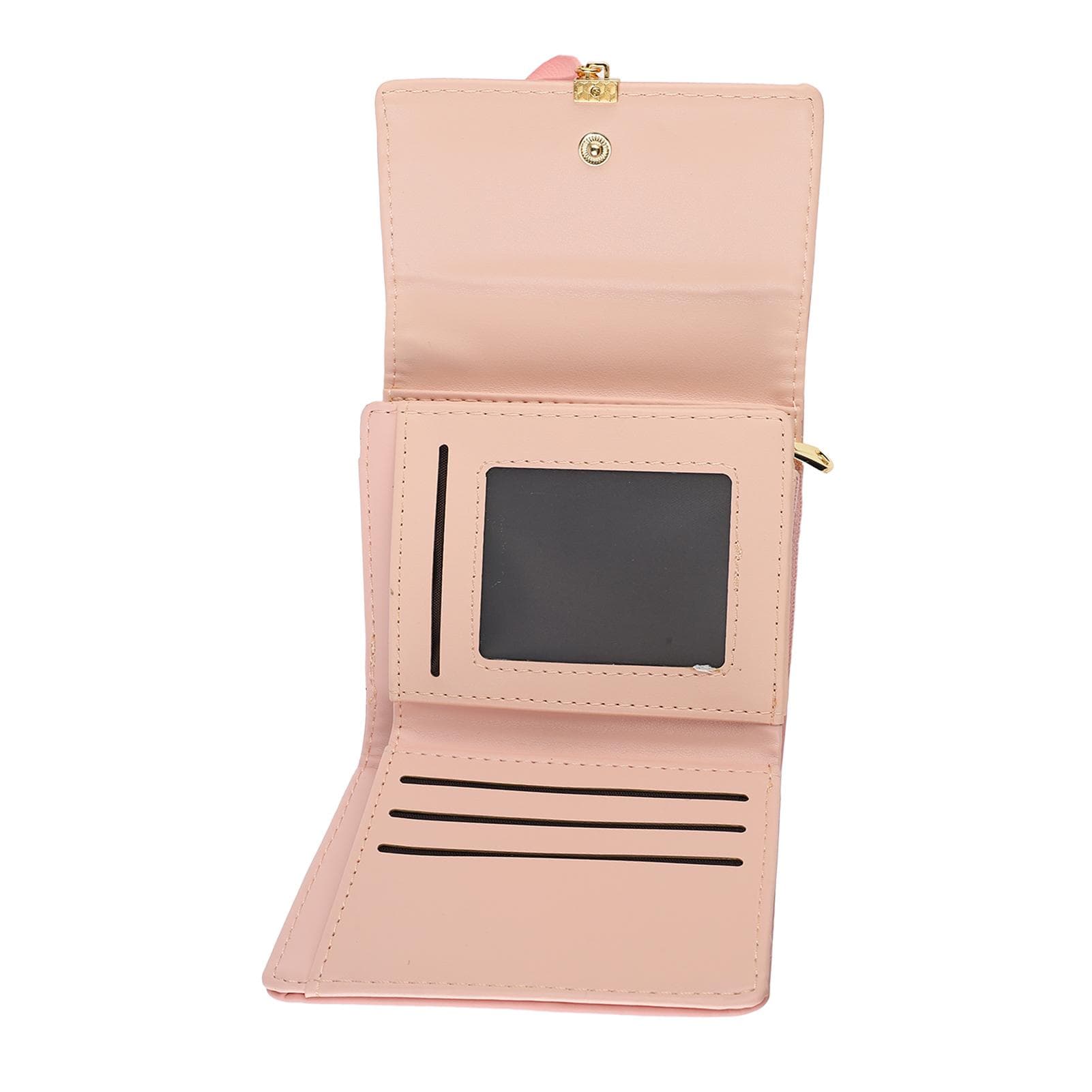 Women Short PU Wallet Multi Slots Stylish 3 Folding Wallet with Hardware Buckle for Photo Cards One Size